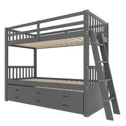 Lit Superposé 90x200 Cm - avec Lit Gigogne et 3 Tiroirs, Sans Matelas - Pin et MDF, Gris