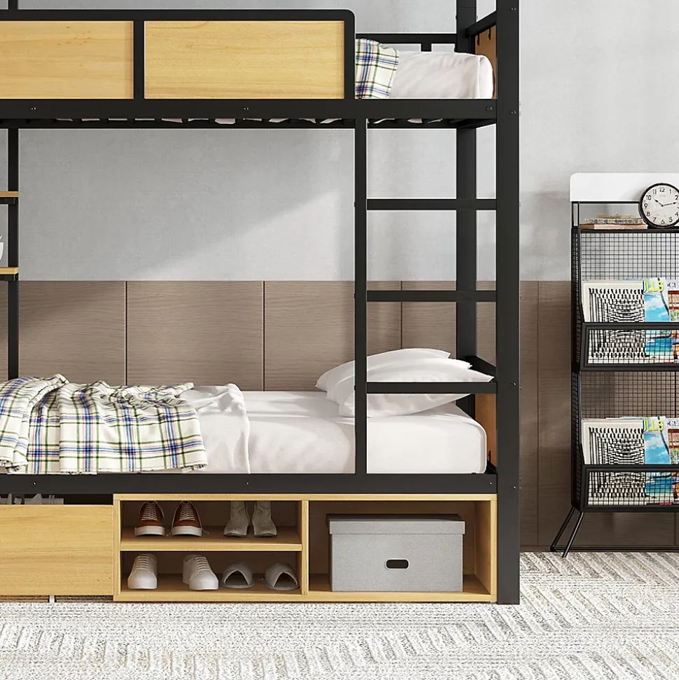 Lit superposé 90x200 cm - Lit avec échelle large et rangements latéraux - Métal + MDF - Sans matelas - Noir