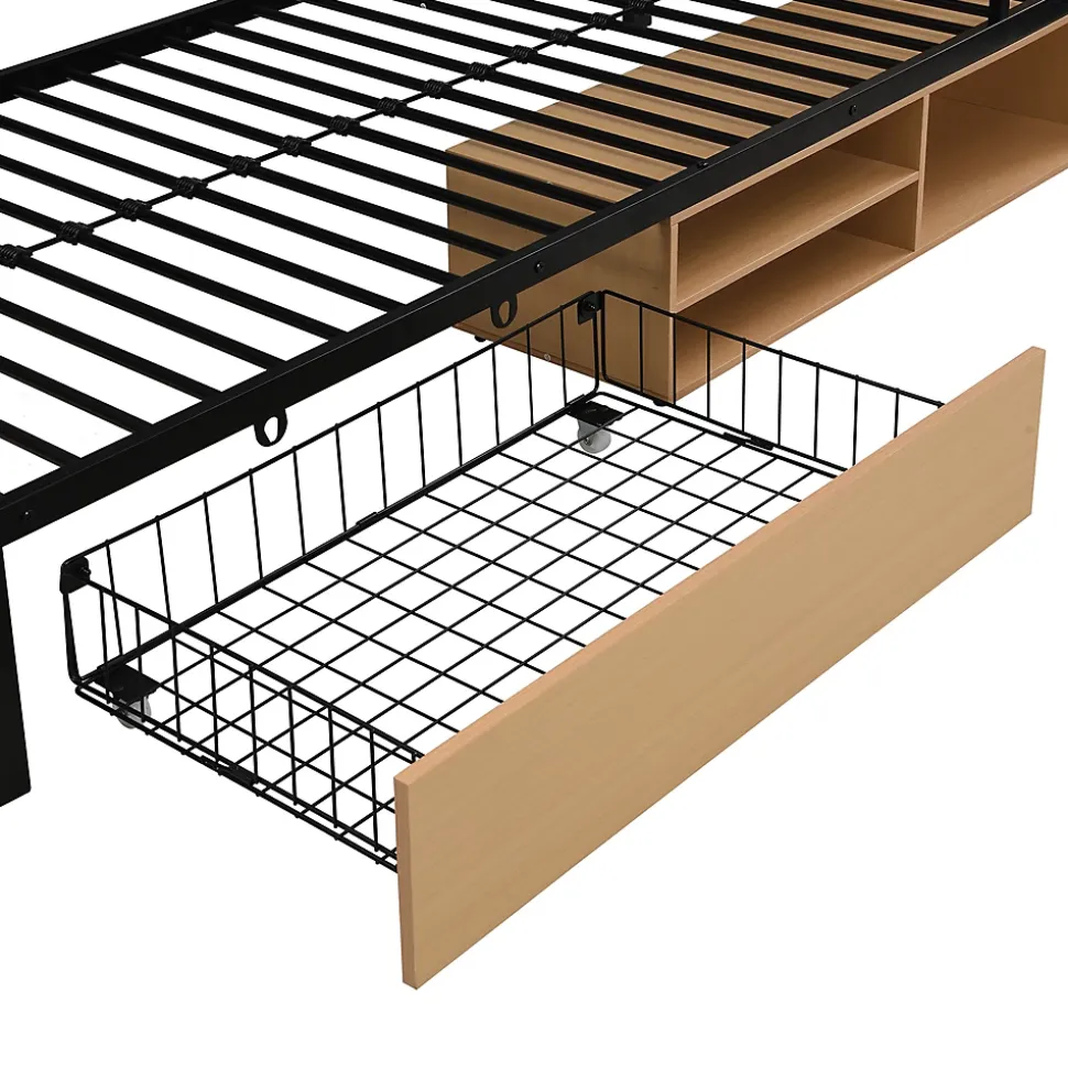 Lit superposé 90x200 cm - Lit avec échelle large et rangements latéraux - Métal + MDF - Sans matelas - Noir