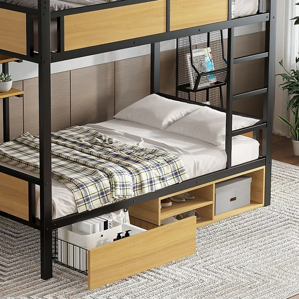 Lit superposé 90x200 cm - Lit avec échelle large et rangements latéraux - Métal + MDF - Sans matelas - Noir