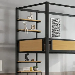 Lit superposé 90x200 cm - Lit avec échelle large et rangements latéraux - Métal + MDF - Sans matelas - Noir