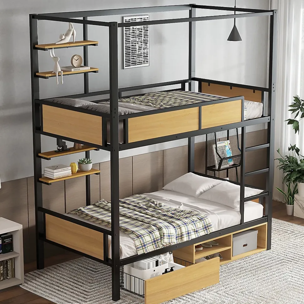 Lit superposé 90x200 cm - Lit avec échelle large et rangements latéraux - Métal + MDF - Sans matelas - Noir