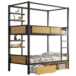 Lit superposé 90x200 cm - Lit avec échelle large et rangements latéraux - Métal + MDF - Sans matelas - Noir