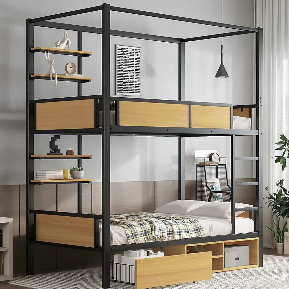 Lit superposé 90x200 cm - Lit avec échelle large et rangements latéraux - Métal + MDF - Sans matelas - Noir