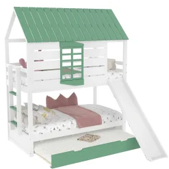 Lit superposé 90x200 cm - Lit avec Rutsche et lit escamotable - MDF et Pin - Sans matelas - Vert