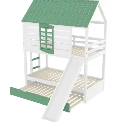 Lit superposé 90x200 cm - Lit avec Rutsche et lit escamotable - MDF et Pin - Sans matelas - Vert