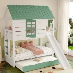 Lit superposé 90x200 cm - Lit avec Rutsche et lit escamotable - MDF et Pin - Sans matelas - Vert