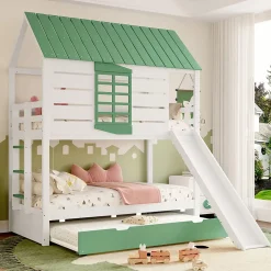 Lit superposé 90x200 cm - Lit avec Rutsche et lit escamotable - MDF et Pin - Sans matelas - Vert