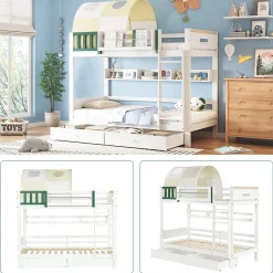 Lit Superposé 90x200 cm - Lit Cabane enfant avec Petite Tente, Échelle et 2 Tiroirs à Roulettes, Bois de Pin, Blanc, Sans Matelas