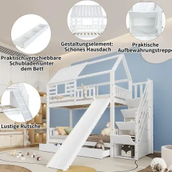 Lit Superposé 90x200 cm - Lit Cabane enfant avec Lit Gigogne, Toboggan et Rangement - Bois Pin, MDF et Contreplaqué - Blanc