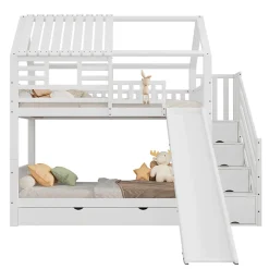 Lit Superposé 90x200 cm - Lit Cabane enfant avec Lit Gigogne, Toboggan et Rangement - Bois Pin, MDF et Contreplaqué - Blanc
