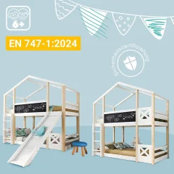 Lit superposé 90x200 cm - Lit cabane enfant avec toboggan et échelle - Bois massif - Sommier extensible - Sans matelas - Blanc