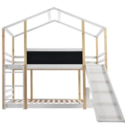 Lit superposé 90x200 cm - Lit cabane enfant avec toboggan et échelle - Bois massif - Sommier extensible - Sans matelas - Blanc