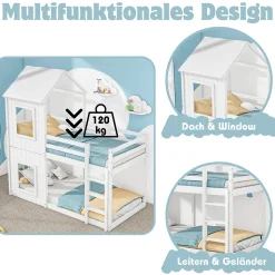 Lit Superposé 90x200 cm - Lit Cabane enfant avec Échelle et Baldaquin - Bois de Pin - Sans Matelas - Blanc