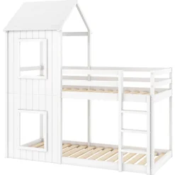 Lit Superposé 90x200 cm - Lit Cabane enfant avec Échelle et Baldaquin - Bois de Pin - Sans Matelas - Blanc