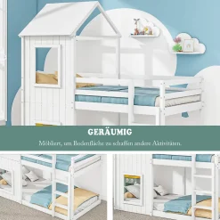 Lit Superposé 90x200 cm - Lit Cabane enfant avec Échelle et Baldaquin - Bois de Pin - Sans Matelas - Blanc
