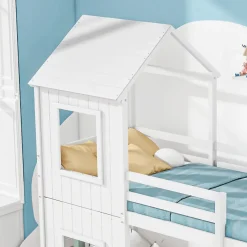 Lit Superposé 90x200 cm - Lit Cabane enfant avec Échelle et Baldaquin - Bois de Pin - Sans Matelas - Blanc