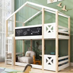 Lit superposé 90x200 cm - Lit cabane enfant avec échelle et barrières - Bois massif - Sans matelas - Blanc