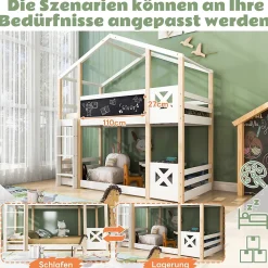 Lit superposé 90x200 cm - Lit cabane enfant avec échelle et barrières - Bois massif - Sans matelas - Blanc