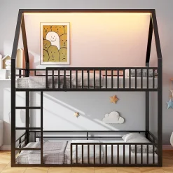 Lit superposé 140x200 cm - Lit double avec design cabane et barrières - Métal - Sans matelas - Noir