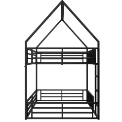 Lit superposé 140x200 cm - Lit double avec design cabane et barrières - Métal - Sans matelas - Noir