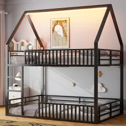 Lit superposé 140x200 cm - Lit double avec design cabane et barrières - Métal - Sans matelas - Noir
