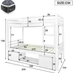 Lit superposé 90x200 cm - Lit enfant avec 2 tiroirs et porte chaussures - MDF + Pin - Sans matelas - Blanc