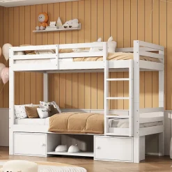 Lit superposé 90x200 cm - Lit enfant avec 2 tiroirs et porte chaussures - MDF + Pin - Sans matelas - Blanc