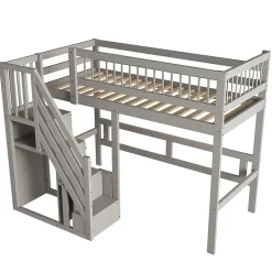 Lit Superposé 90x200 cm - Lit enfant avec Échelle et Rangement Intégré, Structure en Bois Massif, Sans Matelas - Gris