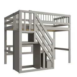 Lit Superposé 90x200 cm - Lit enfant avec Échelle et Rangement Intégré, Structure en Bois Massif, Sans Matelas - Gris