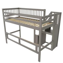 Lit Superposé 90x200 cm - Lit enfant avec Échelle et Rangement Intégré, Structure en Bois Massif, Sans Matelas - Gris