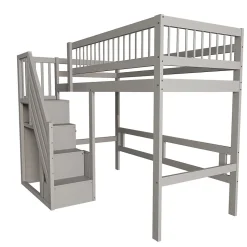 Lit Superposé 90x200 cm - Lit enfant avec Échelle et Rangement Intégré, Structure en Bois Massif, Sans Matelas - Gris