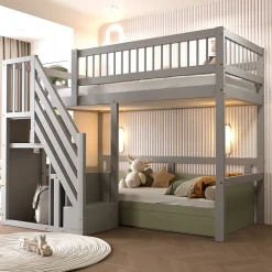 Lit Superposé 90x200 cm - Lit enfant avec Échelle et Rangement Intégré, Structure en Bois Massif, Sans Matelas - Gris