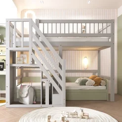 Lit Superposé 90x200 cm - Lit enfant avec Échelle et Rangement Intégré, Structure en Bois Massif, Sans Matelas - Gris