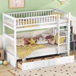 Lit Superposé 90x200 cm - Lit enfant avec 2 Tiroirs de Rangement - Bois de Pin et MDF Robuste - Blanc - Sans Matelas