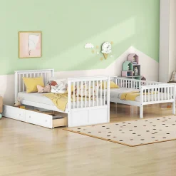 Lit Superposé 90x200 cm - Lit enfant avec 2 Tiroirs de Rangement - Bois de Pin et MDF Robuste - Blanc - Sans Matelas