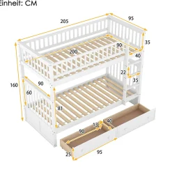Lit Superposé 90x200 cm - Lit enfant avec 2 Tiroirs de Rangement - Bois de Pin et MDF Robuste - Blanc - Sans Matelas
