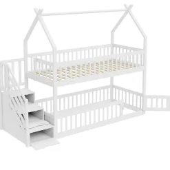 Lit superposé 90x200 cm - Lit enfant avec Rangement et Toit, Échelle de Sécurité et Garde-Corps, Sans Matelas - Bois Massif Blanc