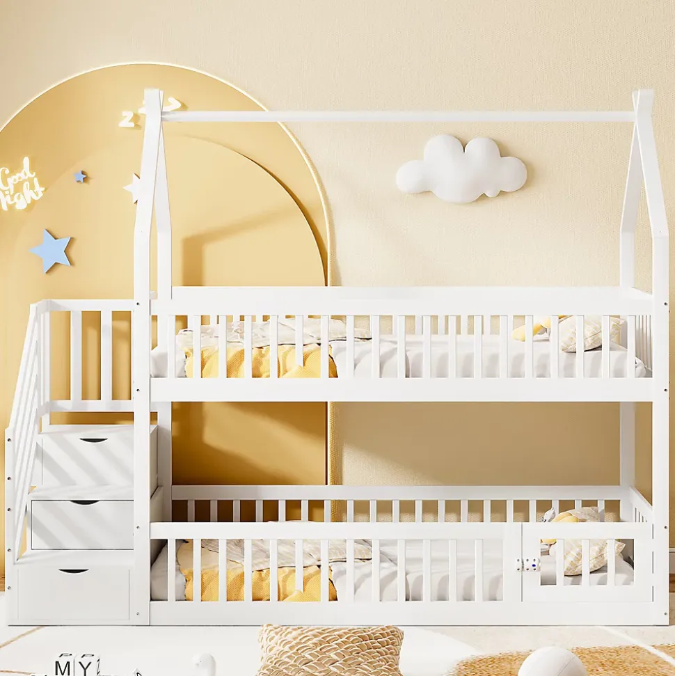 Lit superposé 90x200 cm - Lit enfant avec Rangement et Toit, Échelle de Sécurité et Garde-Corps, Sans Matelas - Bois Massif Blanc