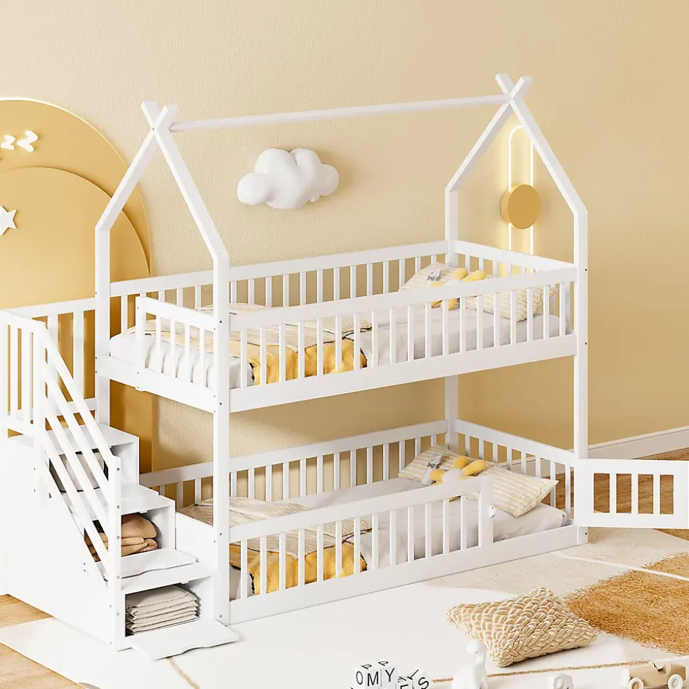 Lit superposé 90x200 cm - Lit enfant avec Rangement et Toit, Échelle de Sécurité et Garde-Corps, Sans Matelas - Bois Massif Blanc