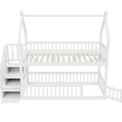Lit superposé 90x200 cm - Lit enfant avec Rangement et Toit, Échelle de Sécurité et Garde-Corps, Sans Matelas - Bois Massif Blanc