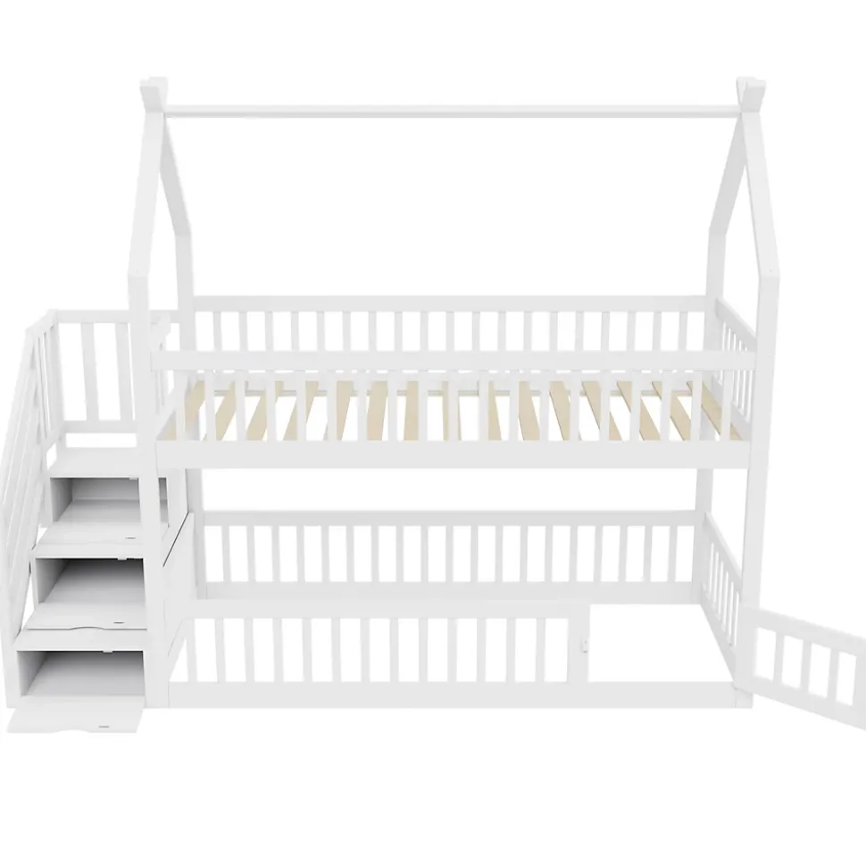Lit superposé 90x200 cm - Lit enfant avec Rangement et Toit, Échelle de Sécurité et Garde-Corps, Sans Matelas - Bois Massif Blanc