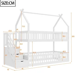 Lit superposé 90x200 cm - Lit enfant avec Rangement et Toit, Échelle de Sécurité et Garde-Corps, Sans Matelas - Bois Massif Blanc