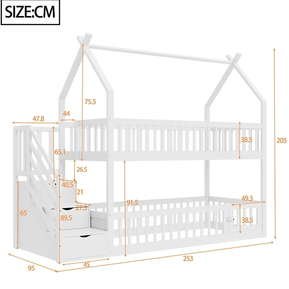Lit superposé 90x200 cm - Lit enfant avec Rangement et Toit, Échelle de Sécurité et Garde-Corps, Sans Matelas - Bois Massif Blanc