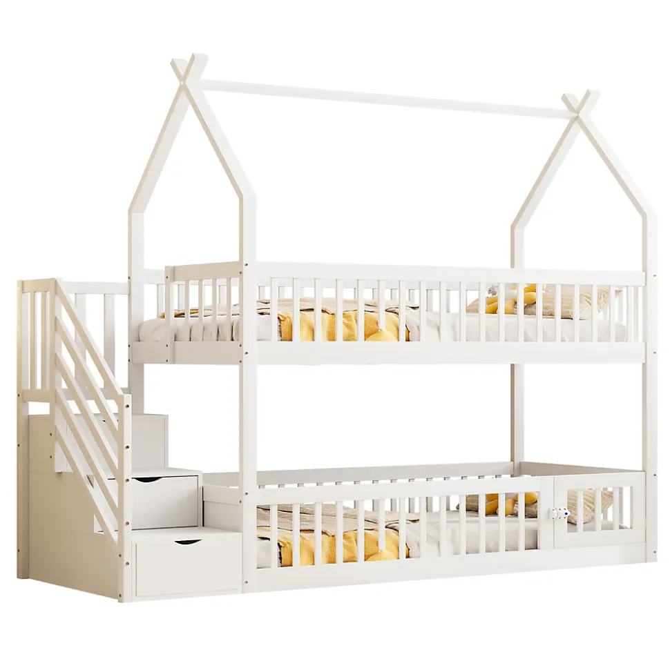 Lit superposé 90x200 cm - Lit enfant avec Rangement et Toit, Échelle de Sécurité et Garde-Corps, Sans Matelas - Bois Massif Blanc