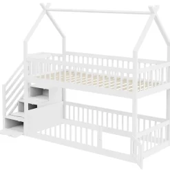Lit superposé 90x200 cm - Lit enfant avec Rangement et Toit, Échelle de Sécurité et Garde-Corps, Sans Matelas - Bois Massif Blanc