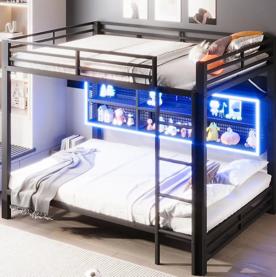 Lit Superposé 140x200 cm - Lit Enfant et Ado avec LED et Rangement, Étagères Intégrées, Sans Matelas, en Métal, Noir