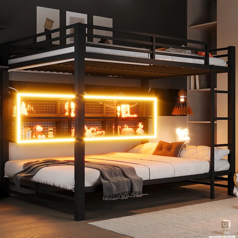 Lit Superposé 140x200 cm - Lit Enfant et Ado avec LED et Rangement, Étagères Intégrées, Sans Matelas, en Métal, Noir