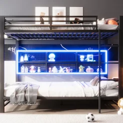 Lit Superposé 140x200 cm - Lit Enfant et Ado avec LED et Rangement, Étagères Intégrées, Sans Matelas, en Métal, Noir