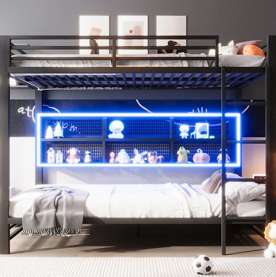 Lit Superposé 140x200 cm - Lit Enfant et Ado avec LED et Rangement, Étagères Intégrées, Sans Matelas, en Métal, Noir